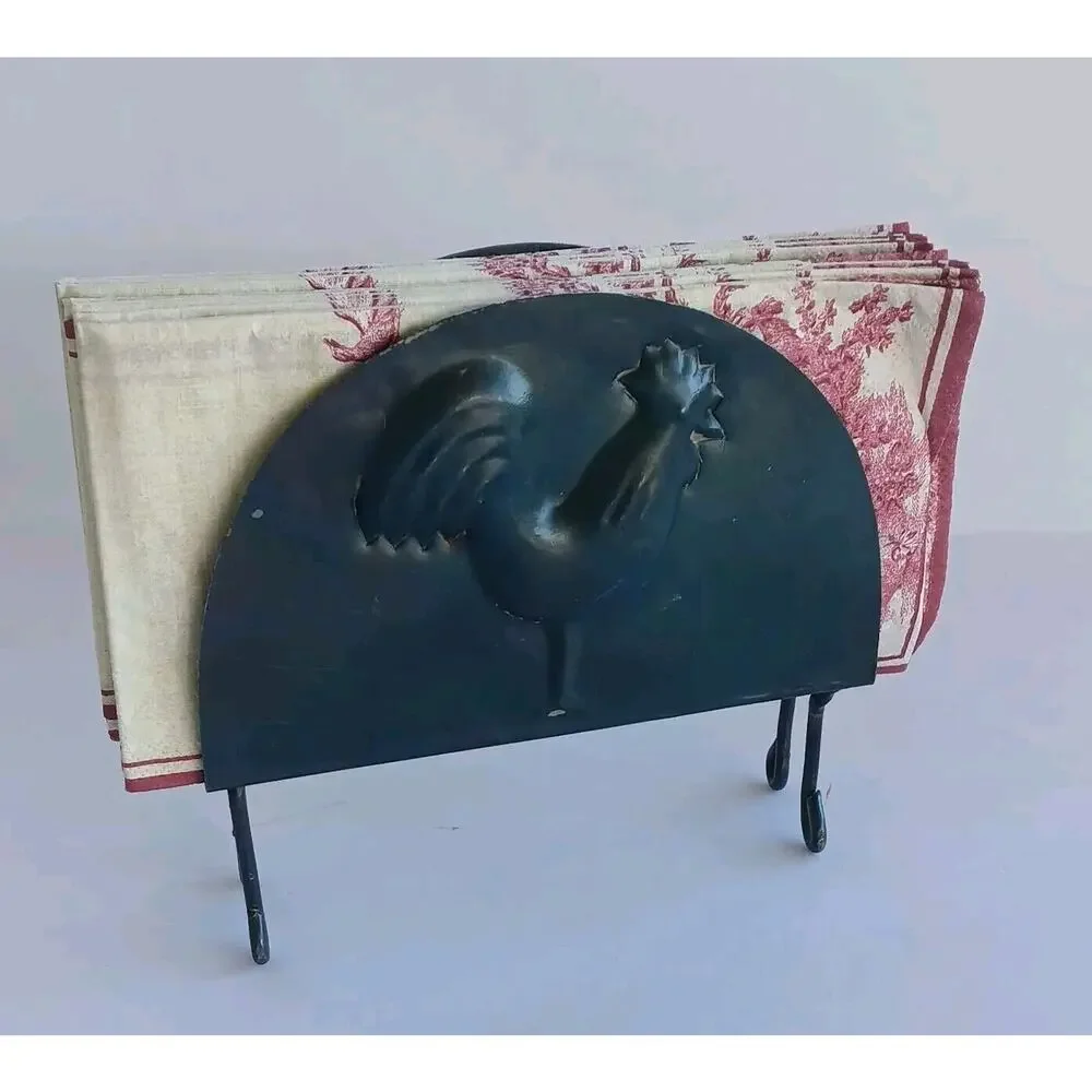 Farmhouse Napkin Metal Holder w/Toile Napkins Imprinted Rooster Primitive